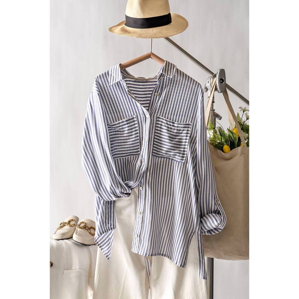 NEW TREND:NOTES button up stripe top in blue - Picture 2 of 2